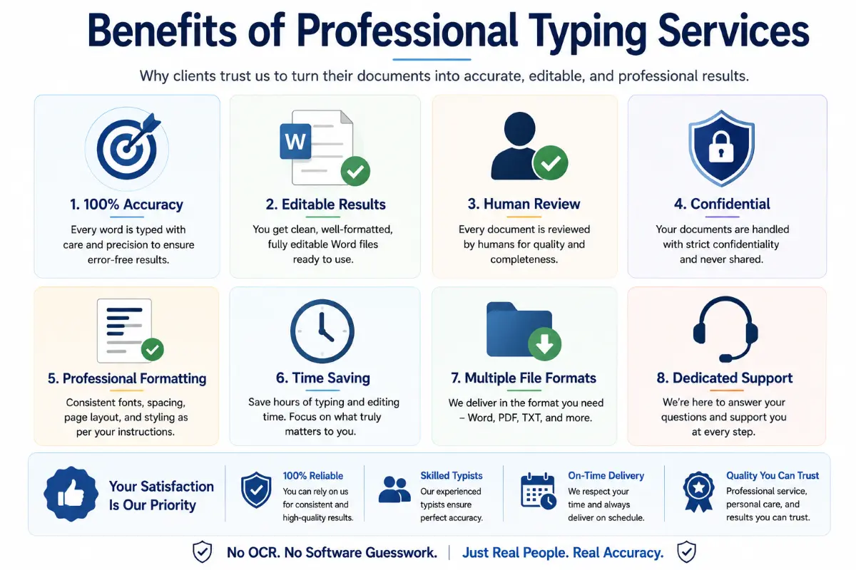 Infographic highlighting the key benefits of professional typing services including accuracy, editable documents, quality control, confidentiality and time savings.