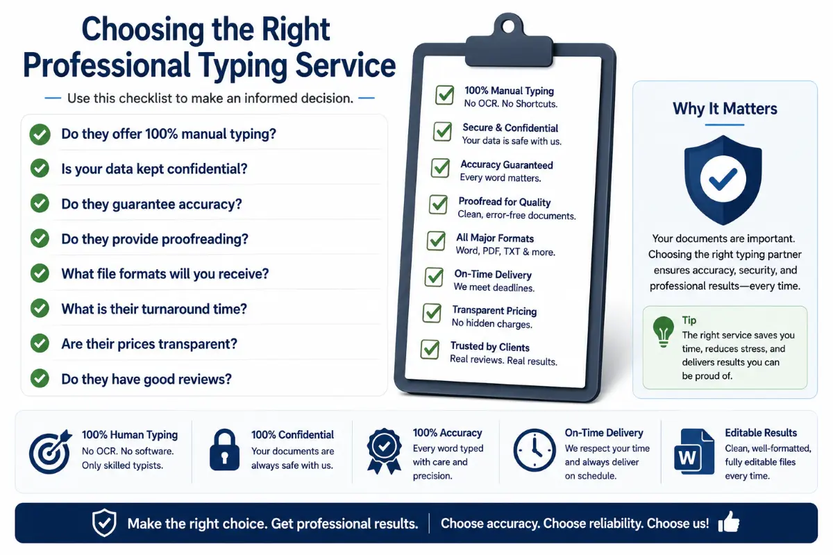 Checklist showing the most important factors to consider when choosing a professional typing service.