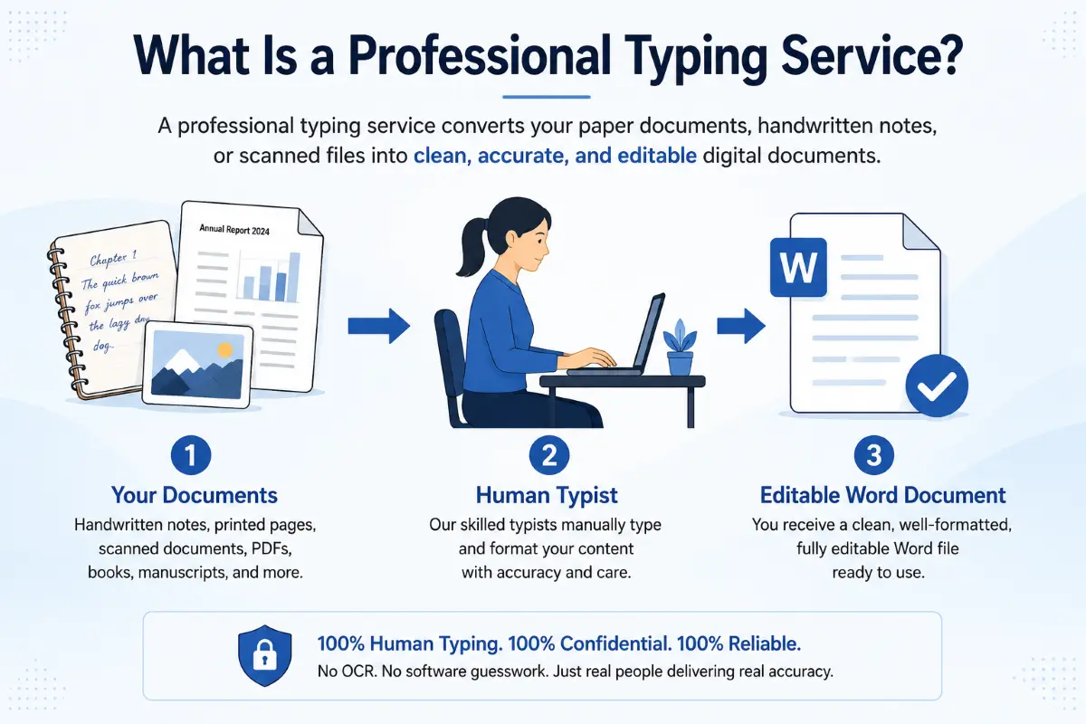 Diagram showing how a professional typing service converts paper documents into editable digital files.
