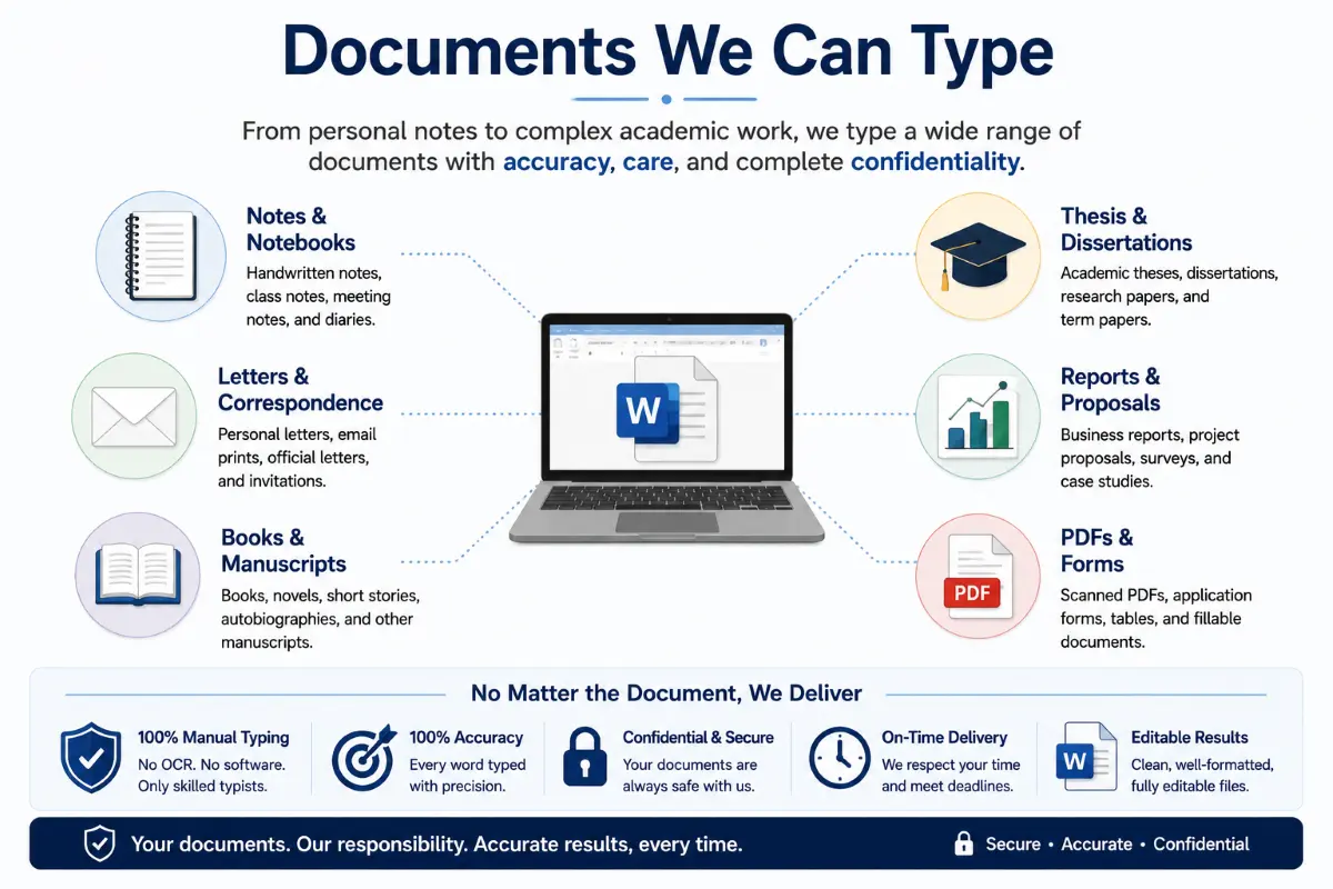 Examples of documents that can be converted by professional typing services, including handwritten notes, books, PDFs, reports, letters and academic papers.