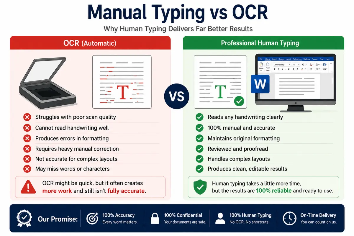 Comparison between OCR software and professional human typing for document conversion.