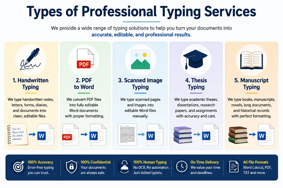 Comparison chart showing the major categories of professional typing services including handwritten, PDF, scanned image, thesis and manuscript typing.
