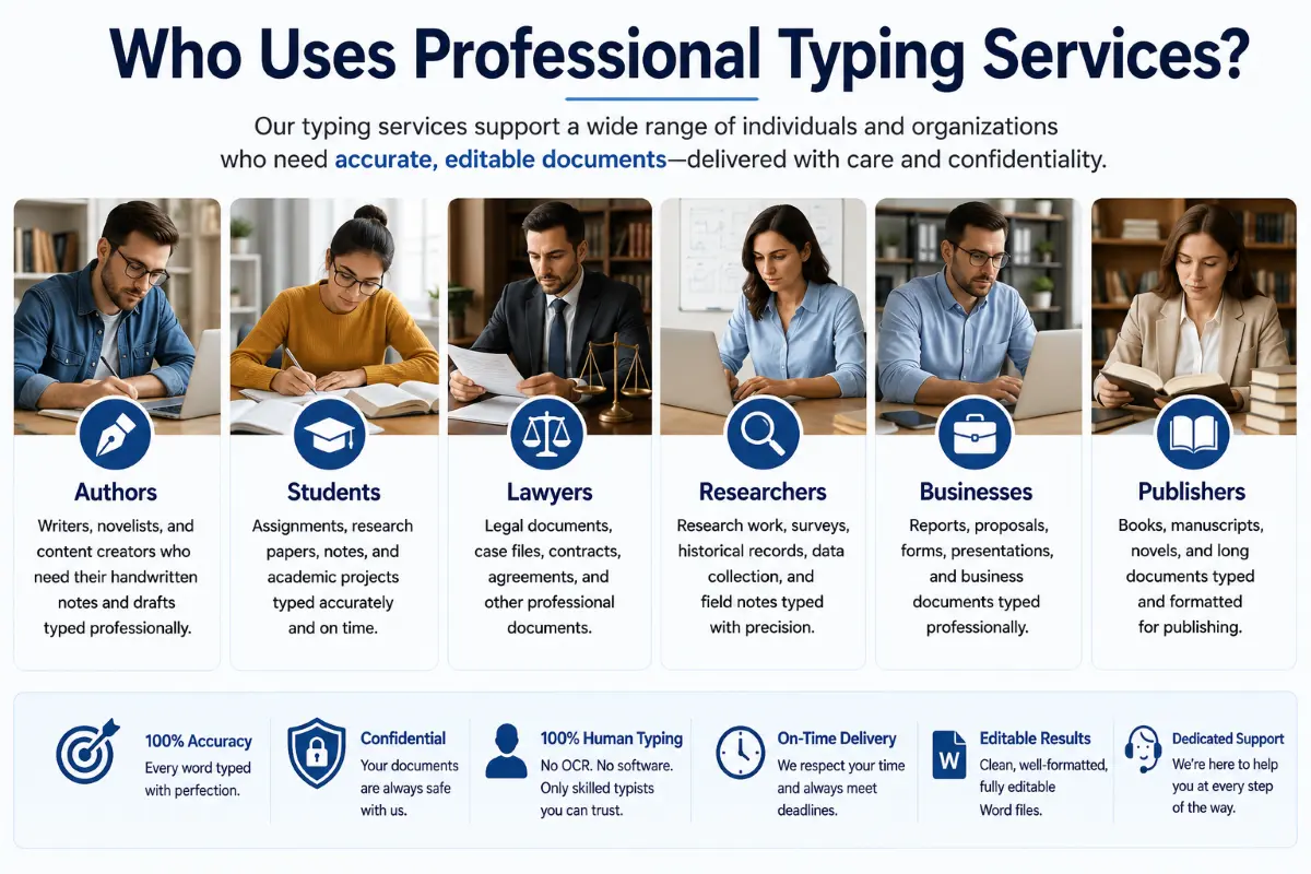 Illustration showing authors, students, researchers, lawyers, businesses and publishers using professional typing services.