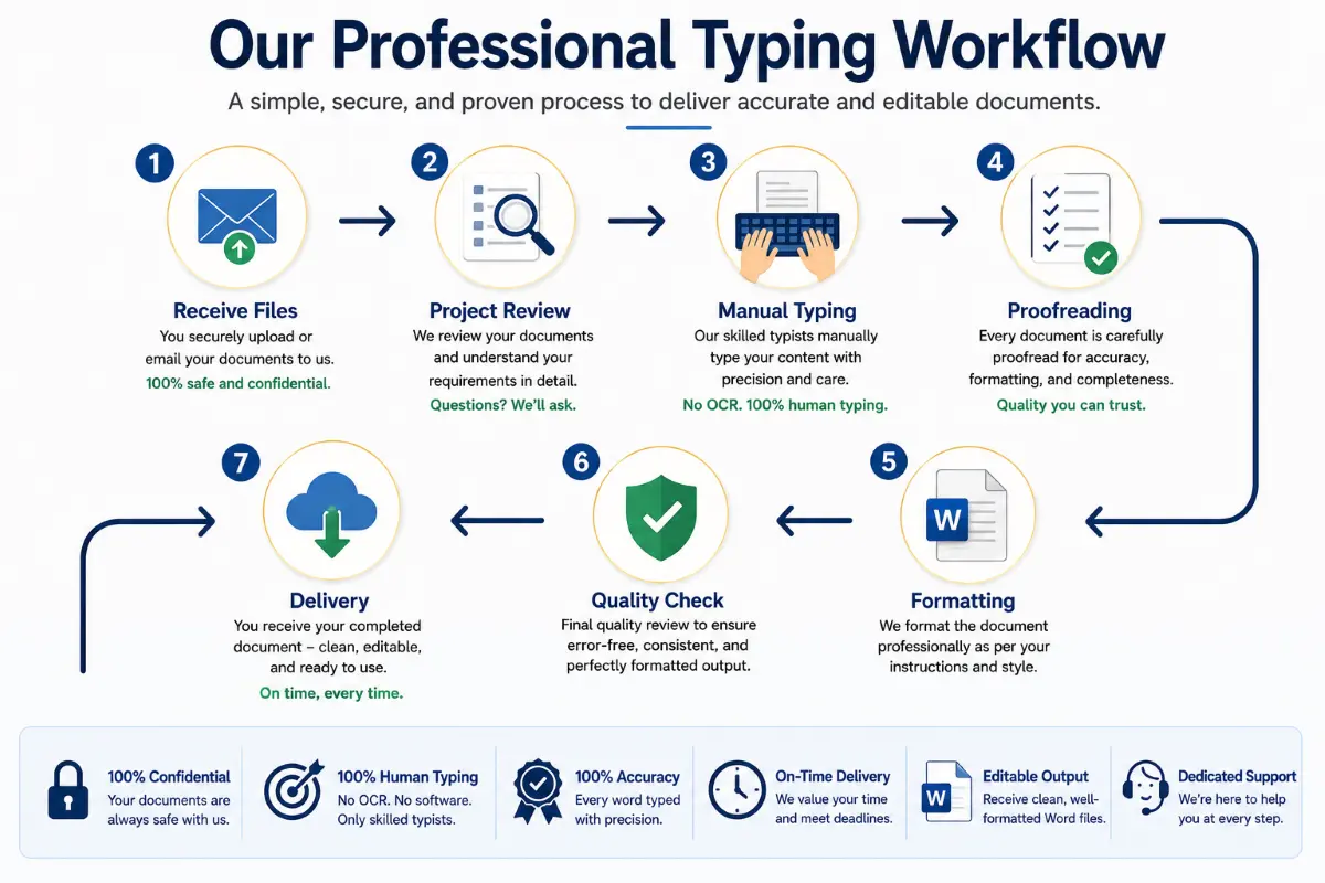Workflow showing how professional human typing transforms source documents into accurate editable files.