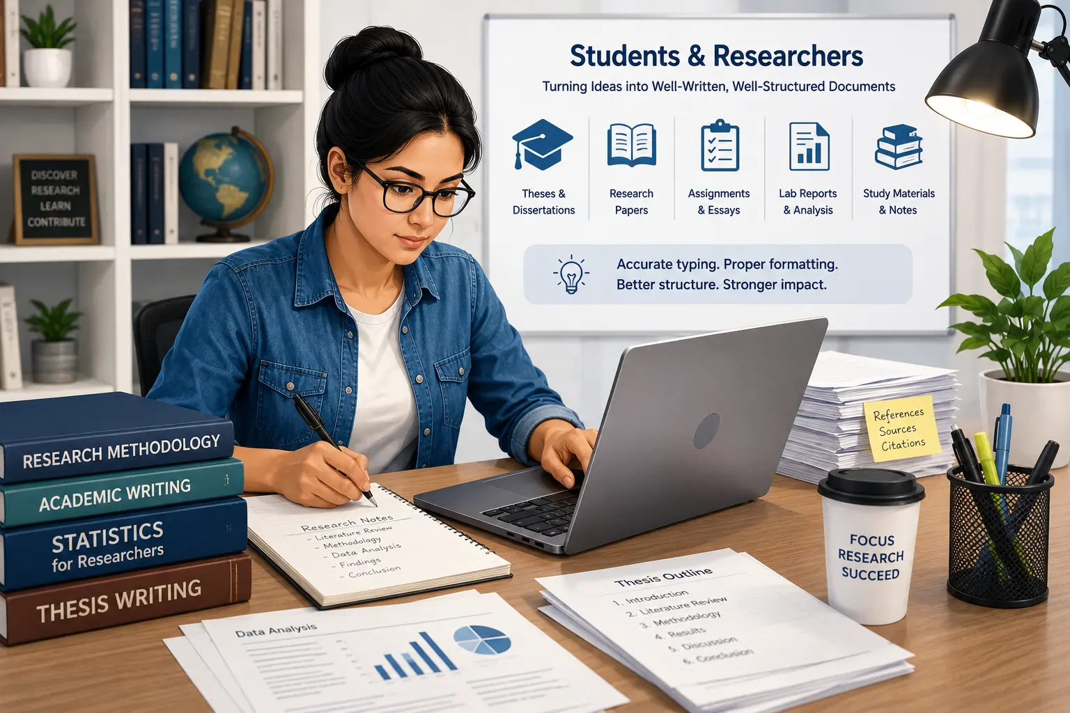 A researcher prepares handwritten academic notes for an editable document.