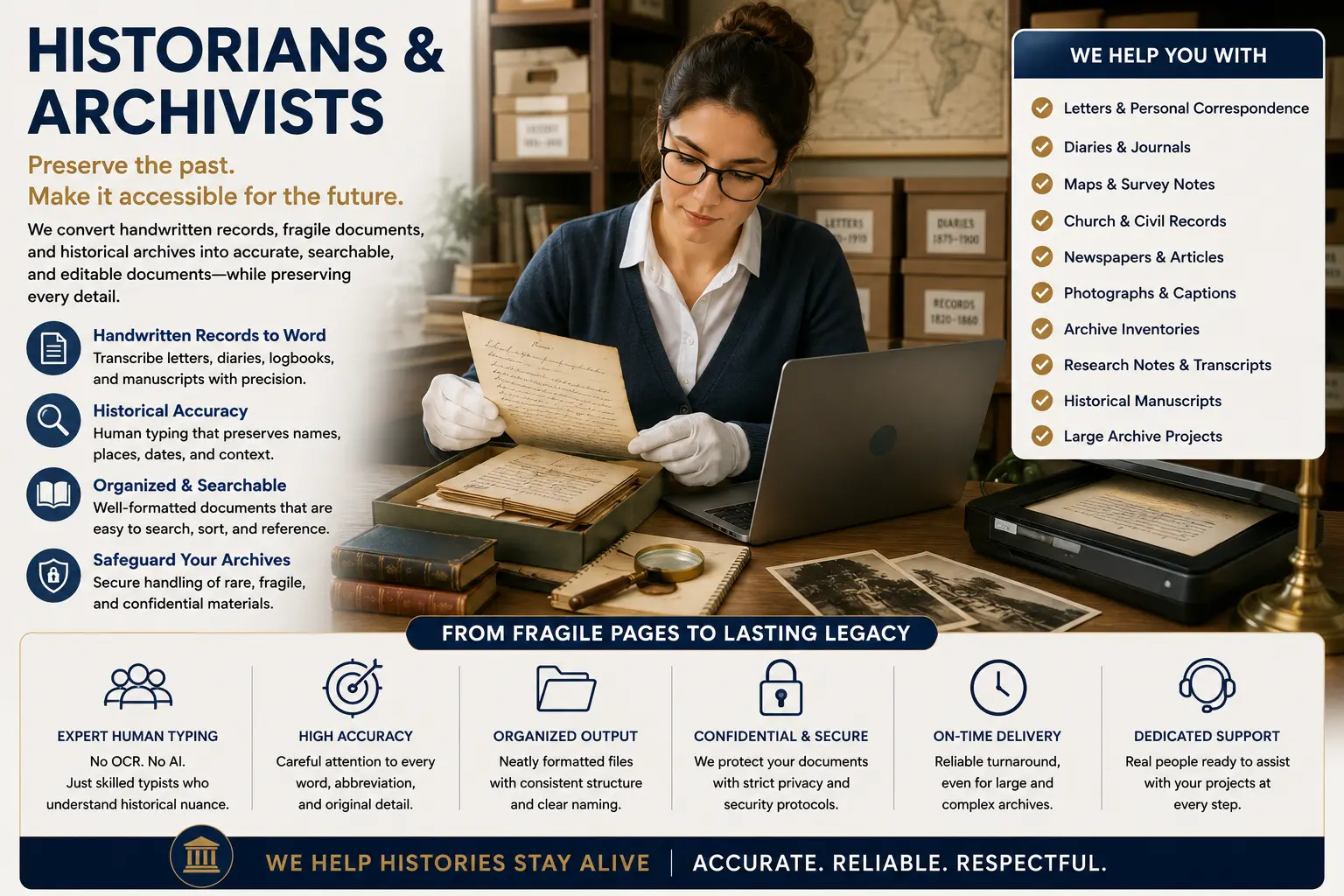An archivist carefully digitises historical letters and records.