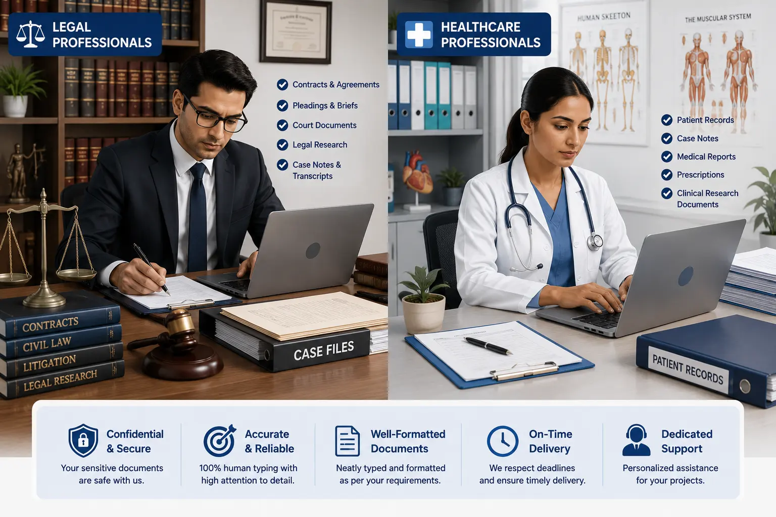 Legal and healthcare professionals work with case files and handwritten records.