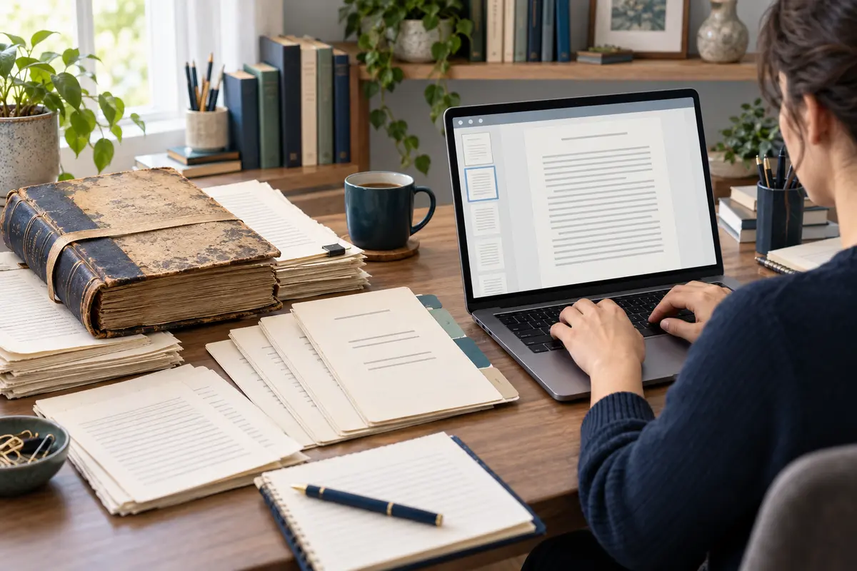 Bound book and manuscript pages being carefully typed into an editable book document