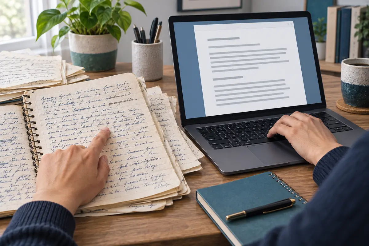 Handwritten manuscript pages being carefully typed into an editable document