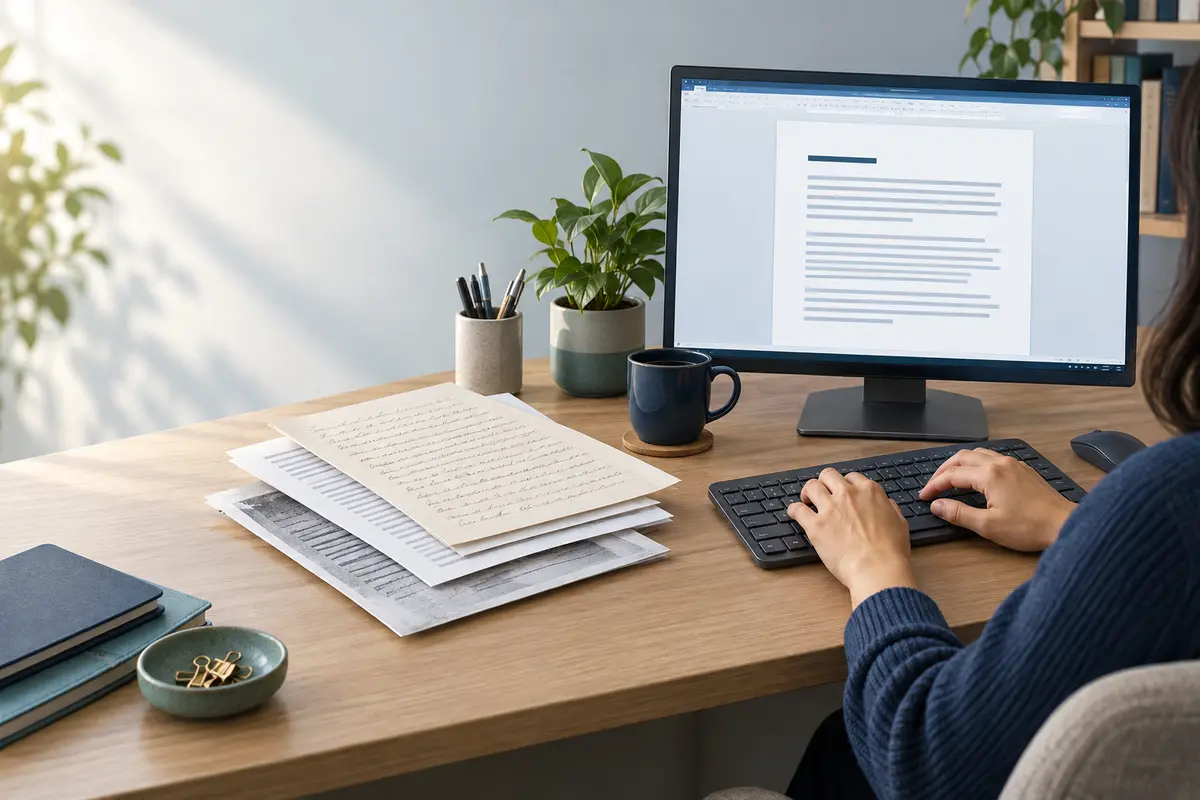 Professional typist converting handwritten and printed documents into editable Word files