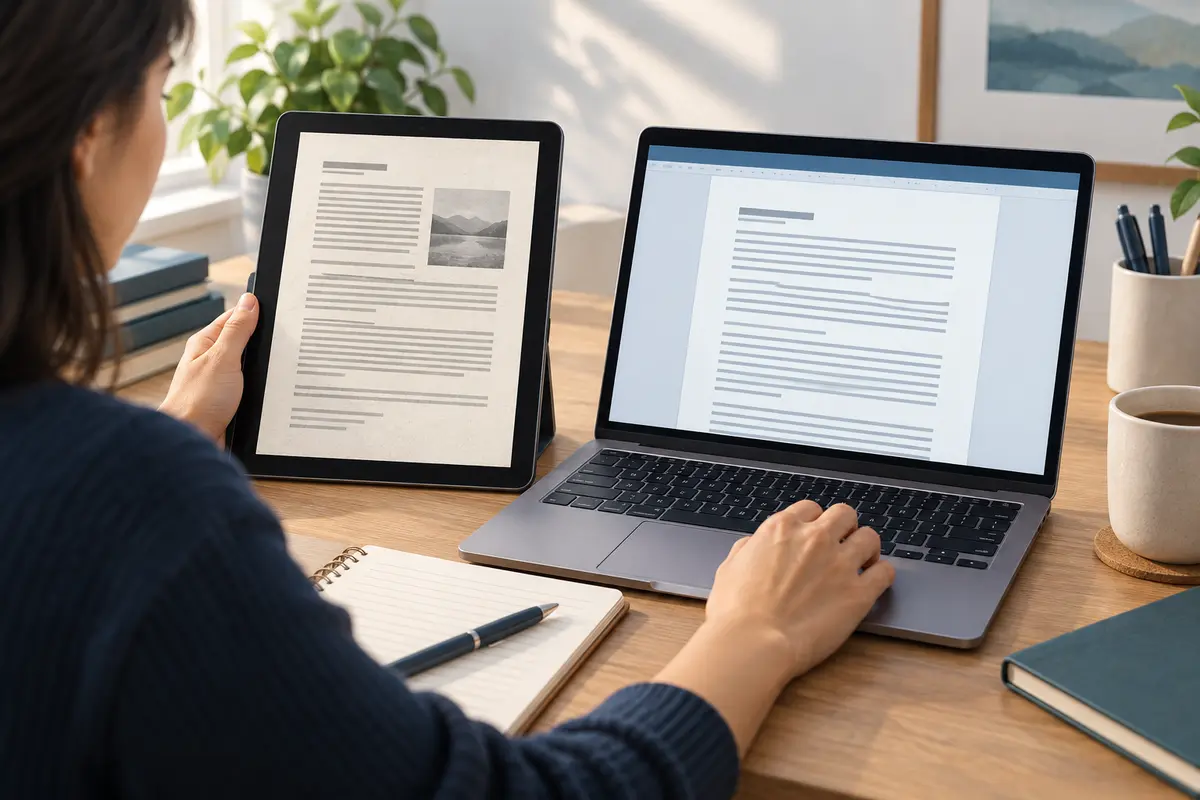 PDF document being manually checked while retyped into an editable Word file