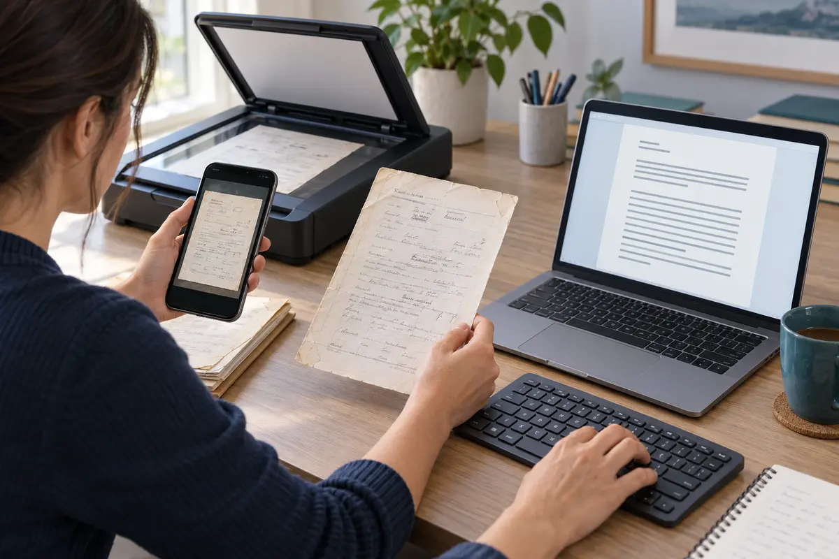 Scanned and photographed document pages being converted into editable text